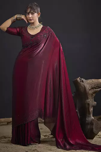 Maroon sequin embroidered work two tone satin silk saree