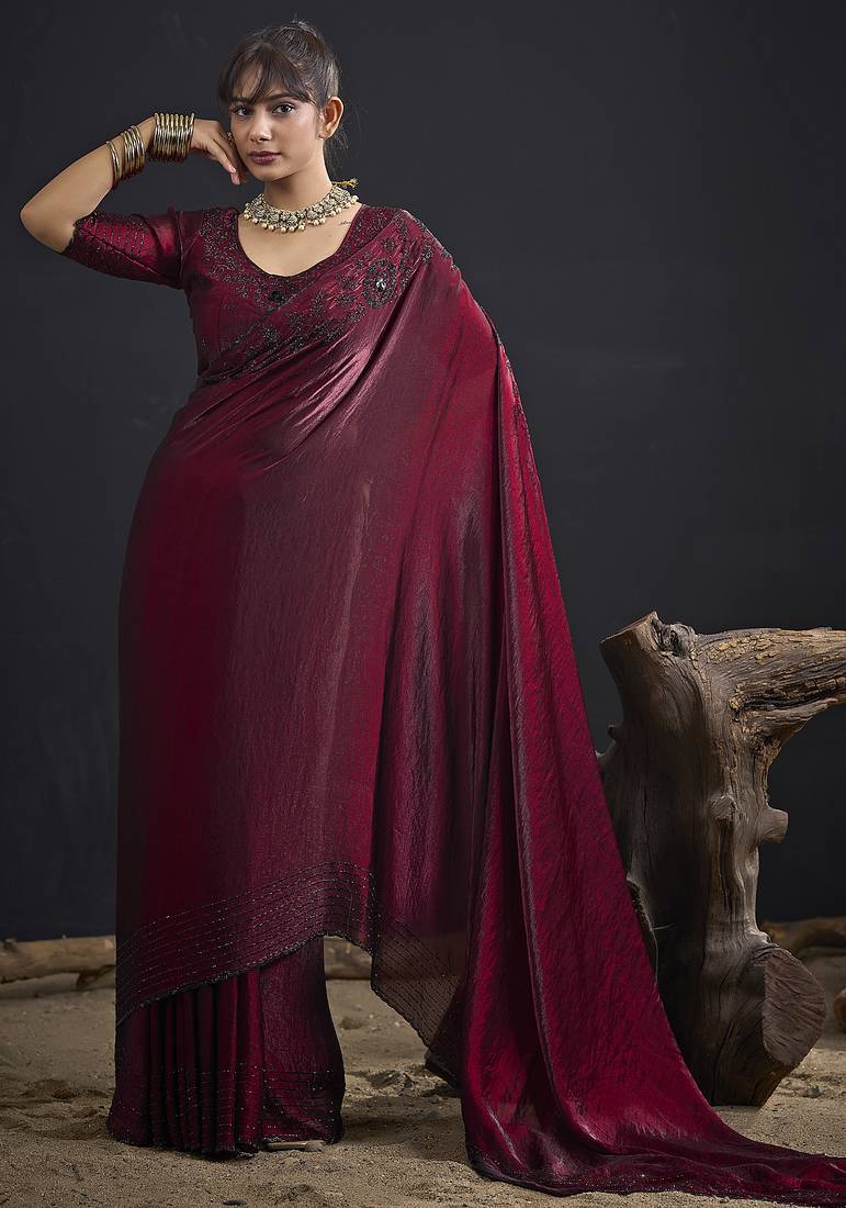 Maroon sequin embroidered work two tone satin silk saree