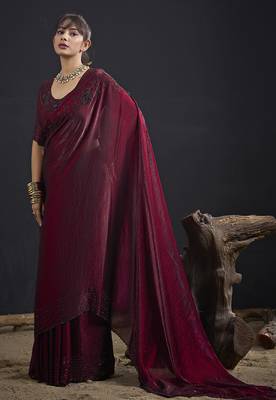 Maroon sequin embroidered work two tone satin silk saree 2