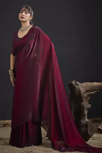 Maroon sequin embroidered work two tone satin silk saree