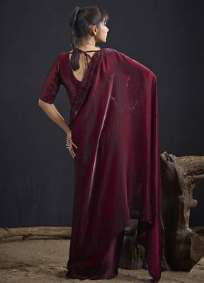 Maroon sequin embroidered work two tone satin silk saree 3
