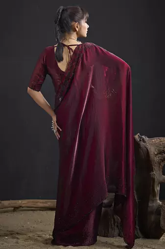 Maroon sequin embroidered work two tone satin silk saree