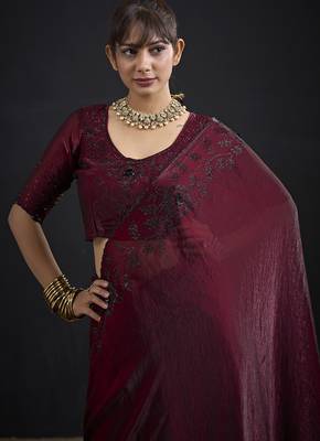 Maroon sequin embroidered work two tone satin silk saree 4