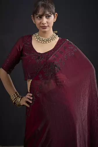 Maroon sequin embroidered work two tone satin silk saree