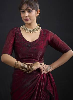 Maroon sequin embroidered work two tone satin silk saree 5
