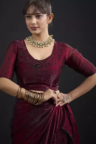 Maroon sequin embroidered work two tone satin silk saree