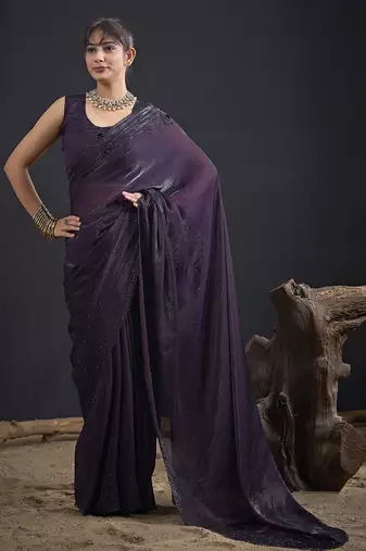 Purple sequin embroidered work two tone satin silk saree
