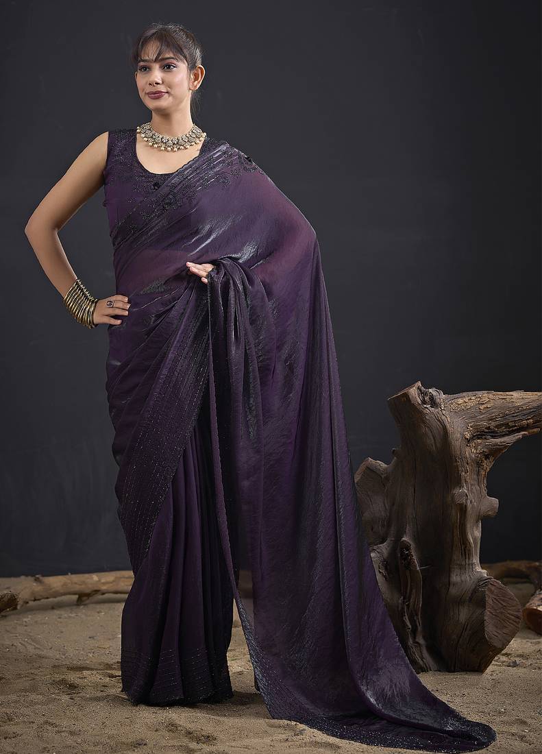 Purple sequin embroidered work two tone satin silk saree