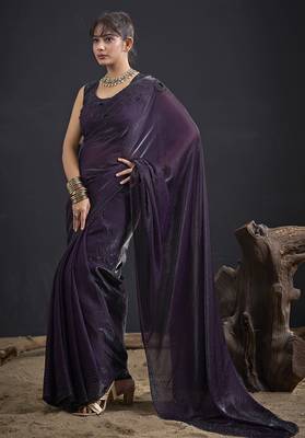 Purple sequin embroidered work two tone satin silk saree 2