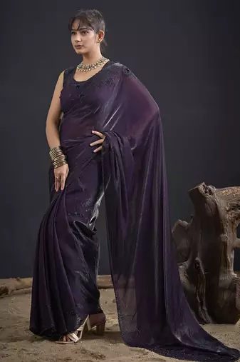 Purple sequin embroidered work two tone satin silk saree