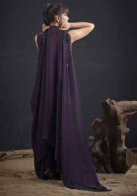 Purple sequin embroidered work two tone satin silk saree 3