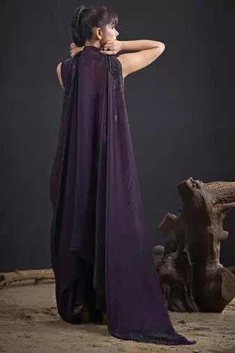 Purple sequin embroidered work two tone satin silk saree
