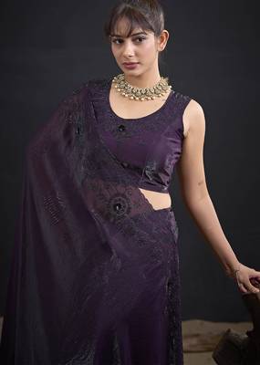Purple sequin embroidered work two tone satin silk saree 4