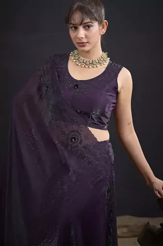 Purple sequin embroidered work two tone satin silk saree