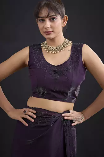 Purple sequin embroidered work two tone satin silk saree