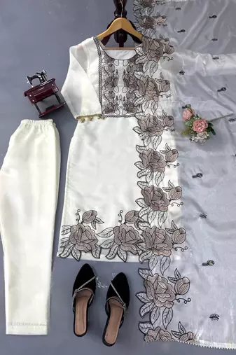 Off white art silk thread work salwar suit
