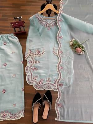 Light sky blue art sillk thead work palazzo suit 5