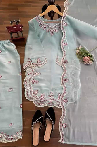 Light sky blue art sillk thead work palazzo suit