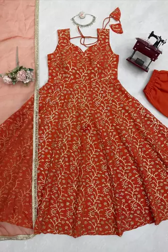 Rust orange georgette thread with sequin palazzo suit