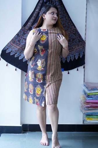black kalamkari handblock printed knee length dress