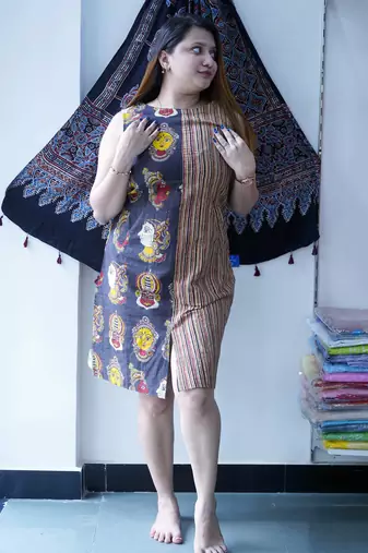 black kalamkari handblock printed knee length dress