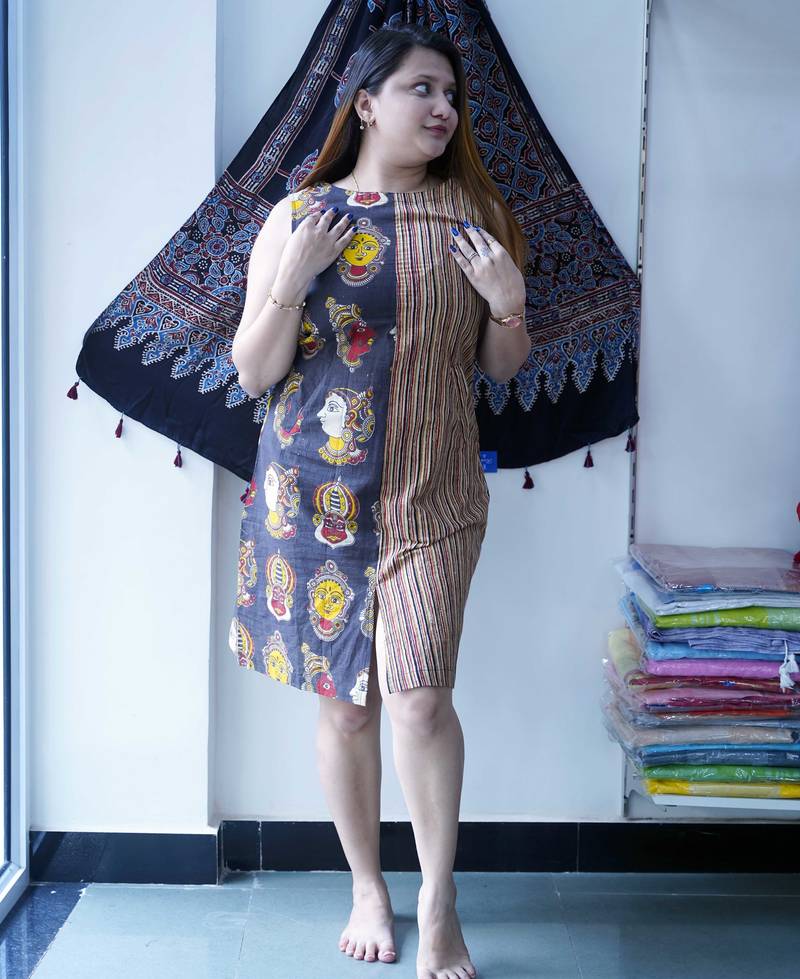 black kalamkari handblock printed knee length dress