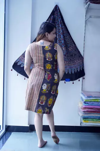 black kalamkari handblock printed knee length dress