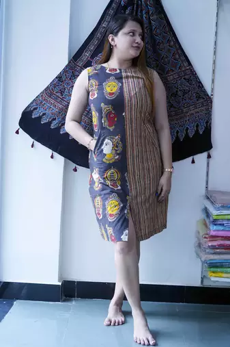 black kalamkari handblock printed knee length dress