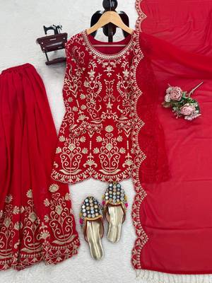 Red georgette thread work sharara suit 5