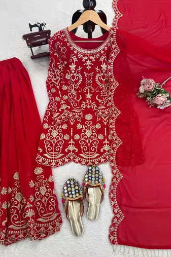 Red georgette thread work sharara suit