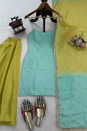 Mint green chinon silk thread with sequin palazzo suit
