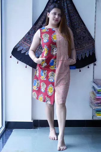 red kalamkari handblock printed knee length dress