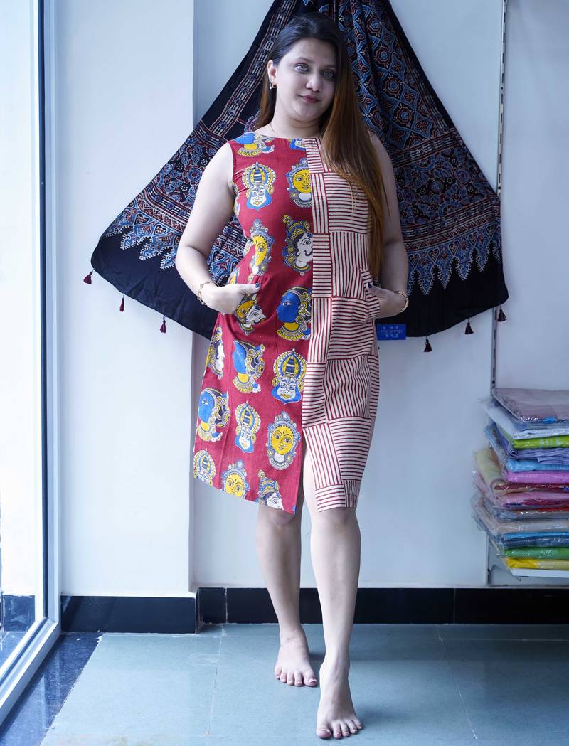 red kalamkari handblock printed knee length dress