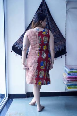 red kalamkari handblock printed knee length dress 3
