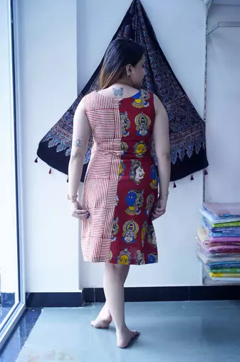 red kalamkari handblock printed knee length dress