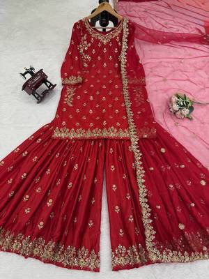 Maroon chinon silk thread with sequin sharara suit 5