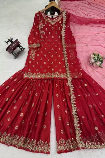 Maroon chinon silk thread with sequin sharara suit