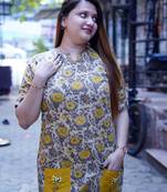mustard ajrak handblock printed knee length dress
