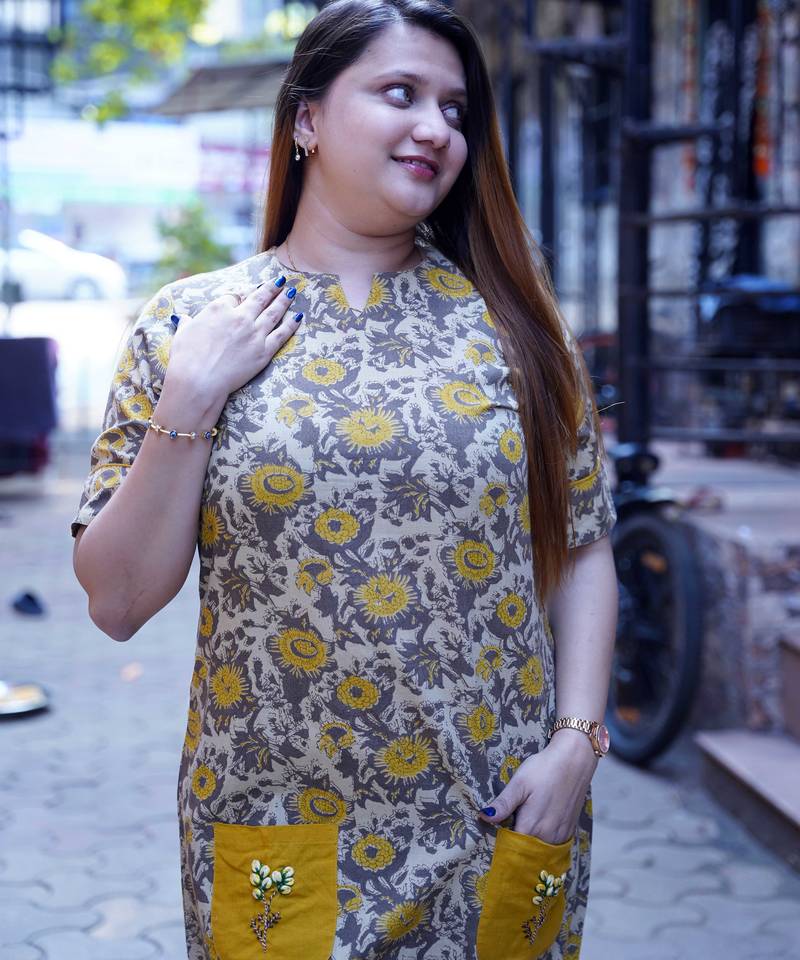 mustard ajrak handblock printed knee length dress