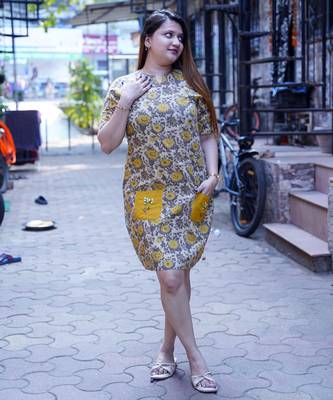 mustard ajrak handblock printed knee length dress 2