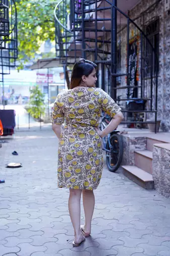 mustard ajrak handblock printed knee length dress