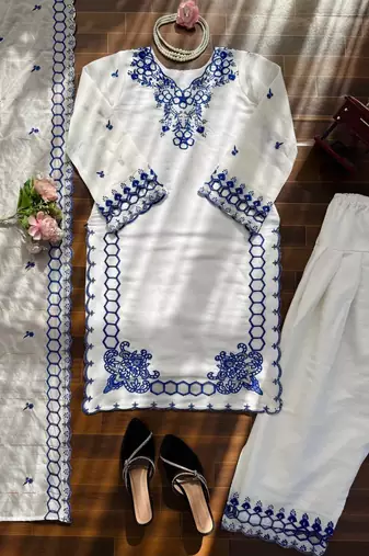 Off white  chanderi silk thread work salwar suit