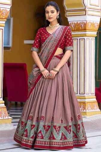 Maroon  Printed Tasar Silk Pleated Lehenga Choli for Women