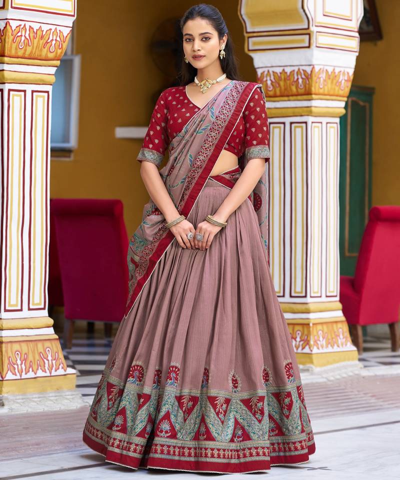 Maroon  Printed Tasar Silk Pleated Lehenga Choli for Women