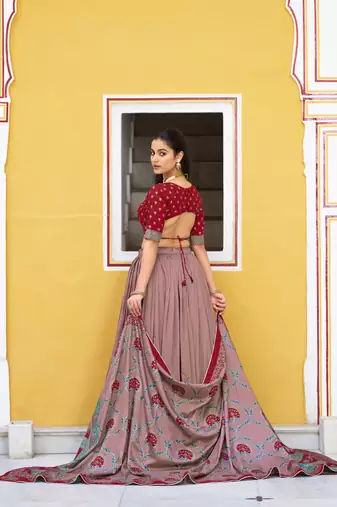 Maroon  Printed Tasar Silk Pleated Lehenga Choli for Women