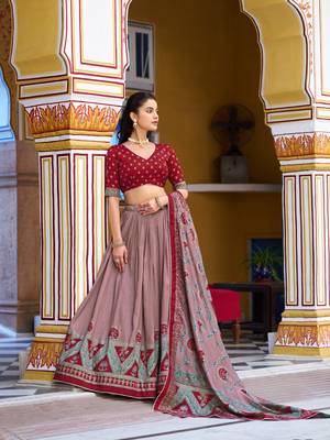 Maroon  Printed Tasar Silk Pleated Lehenga Choli for Women 4