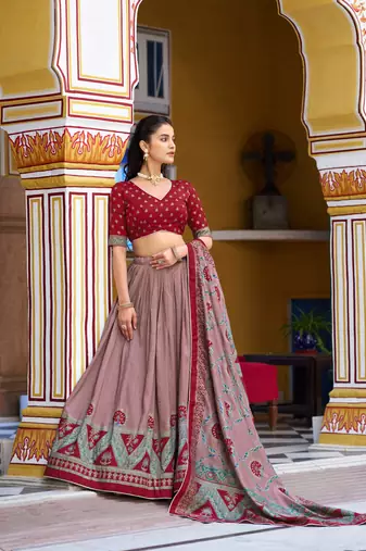 Maroon  Printed Tasar Silk Pleated Lehenga Choli for Women