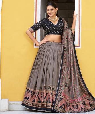 Balck  Printed Tasar Silk Pleated Lehenga Choli for Women 1