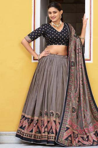 Balck  Printed Tasar Silk Pleated Lehenga Choli for Women