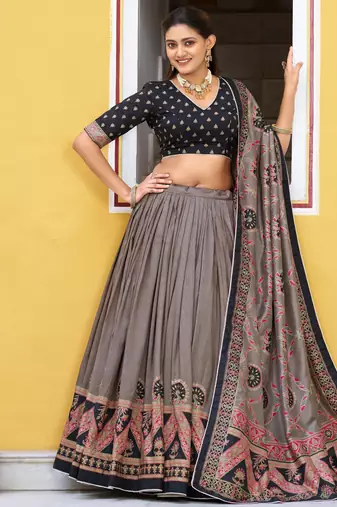 Balck  Printed Tasar Silk Pleated Lehenga Choli for Women